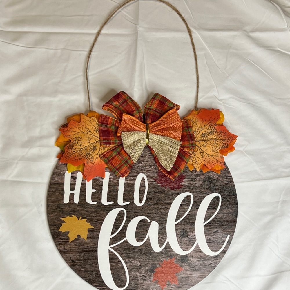 Hello Fall Hanging Sign with Bow and Leaves